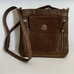 Brown Faux Suede and Leather Crossbody Handbag